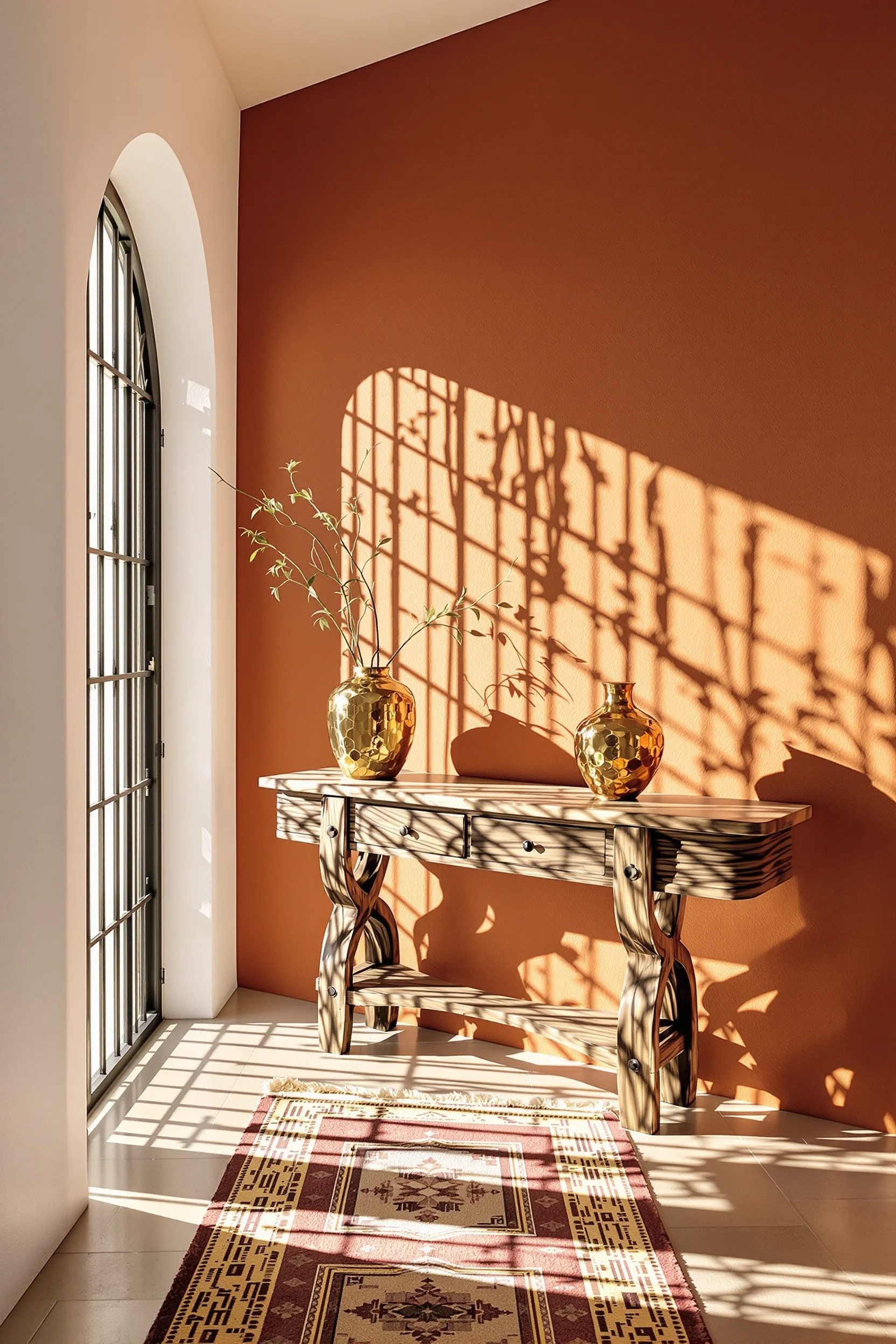 hallway colours ideas featuring rustic carved wooden console against terracotta textured walls with white archway and natural stone flooring