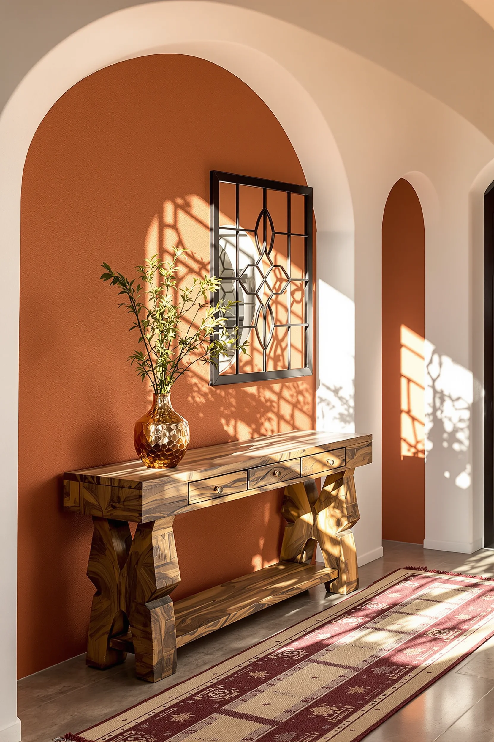 hallway colours inspiration displaying warm terracotta and white contrast with handwoven burgundy runner and architectural shadow patterns on floor