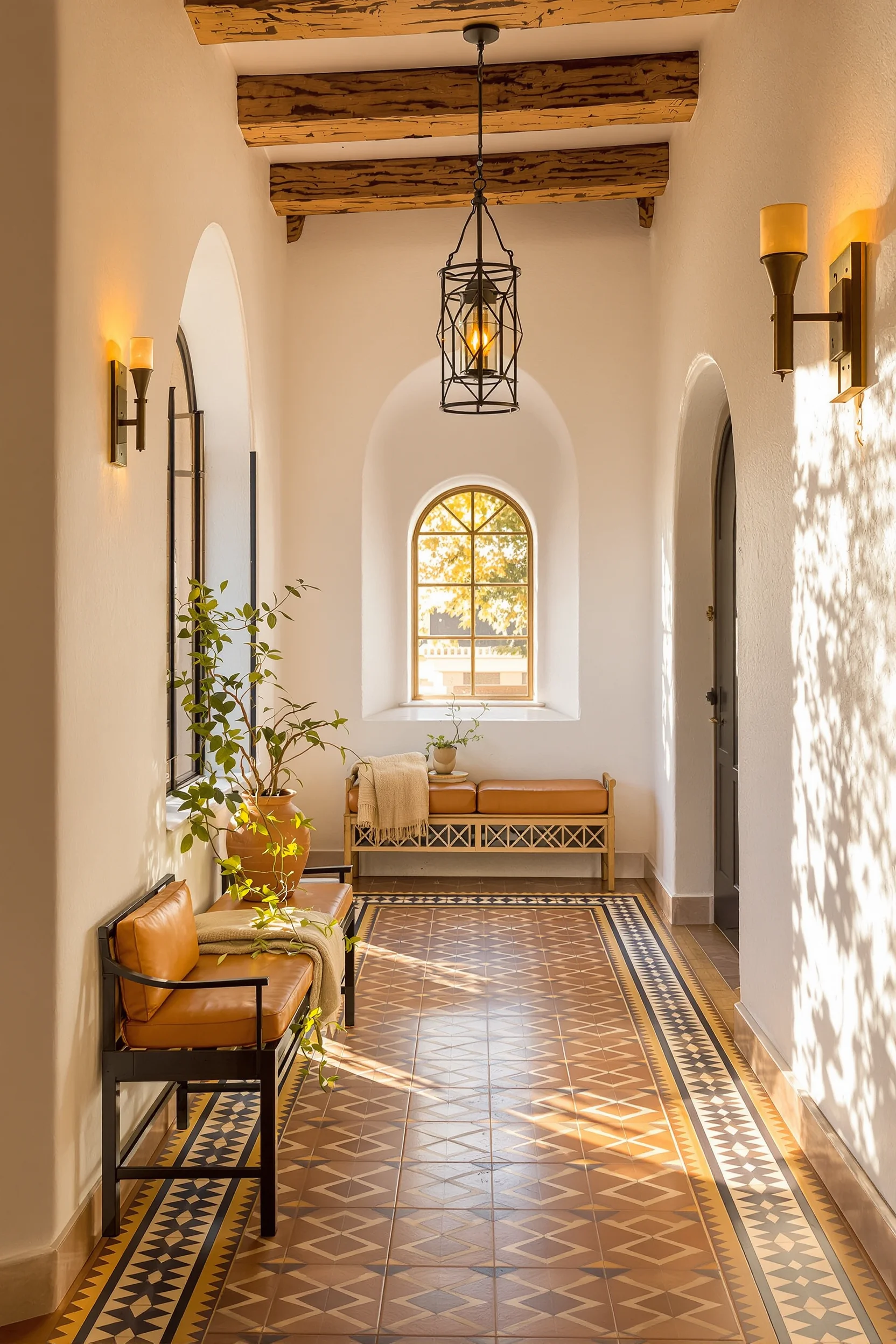 hallway ideas featuring hand painted terracotta tile floors with geometric patterns and white stucco walls in modern hacienda style