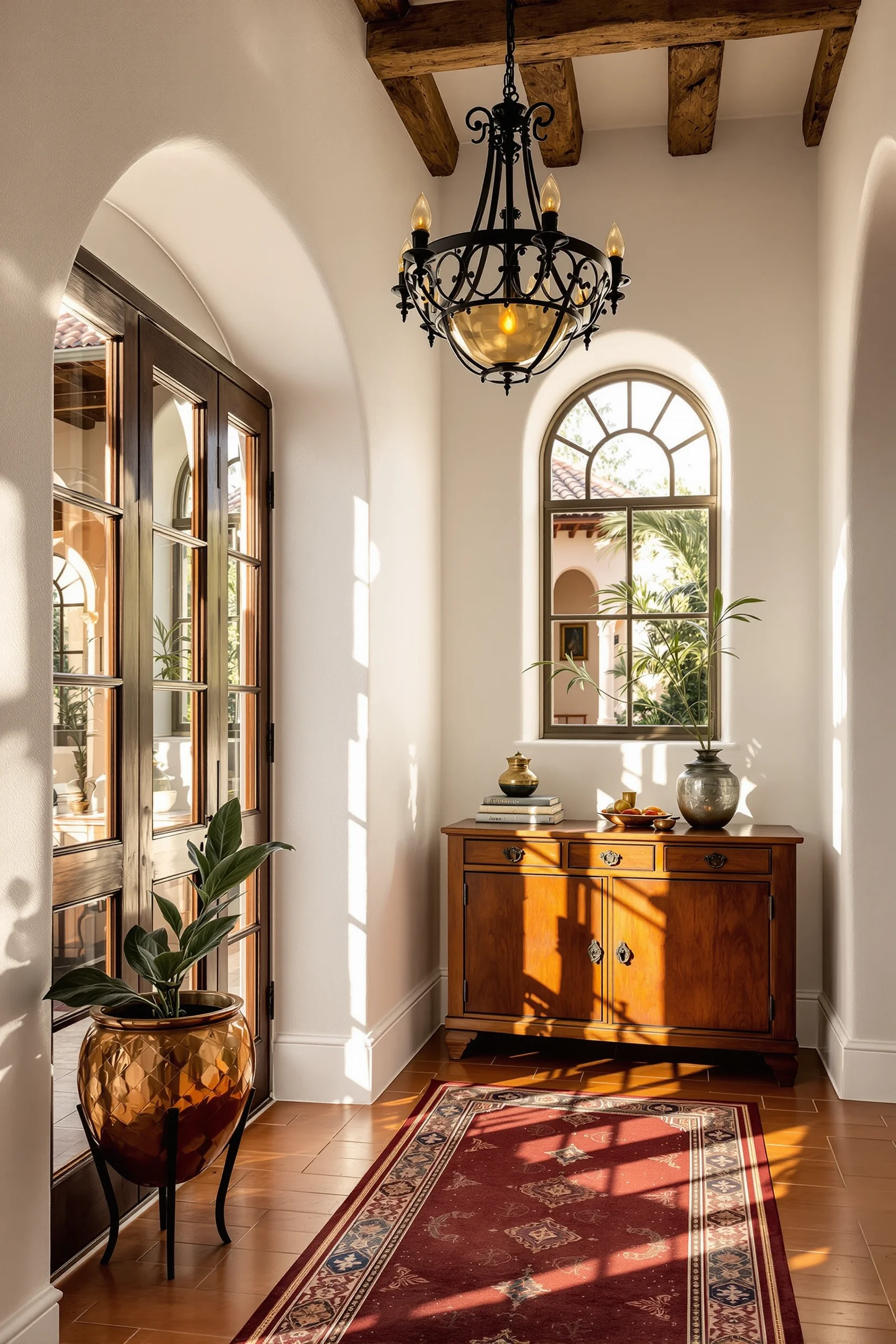 hallway inspiration aesthetics displaying hand carved wooden console with hammered copper accents beneath statement wrought iron chandelier with geometric shadows