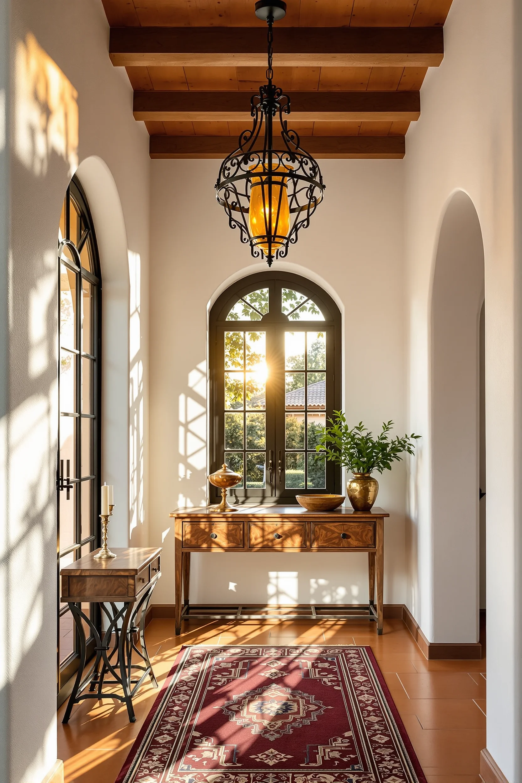hallway inspiration designs showing whitewashed stucco walls with dramatic black iron lighting and golden hour sunlight streaming through arched window
