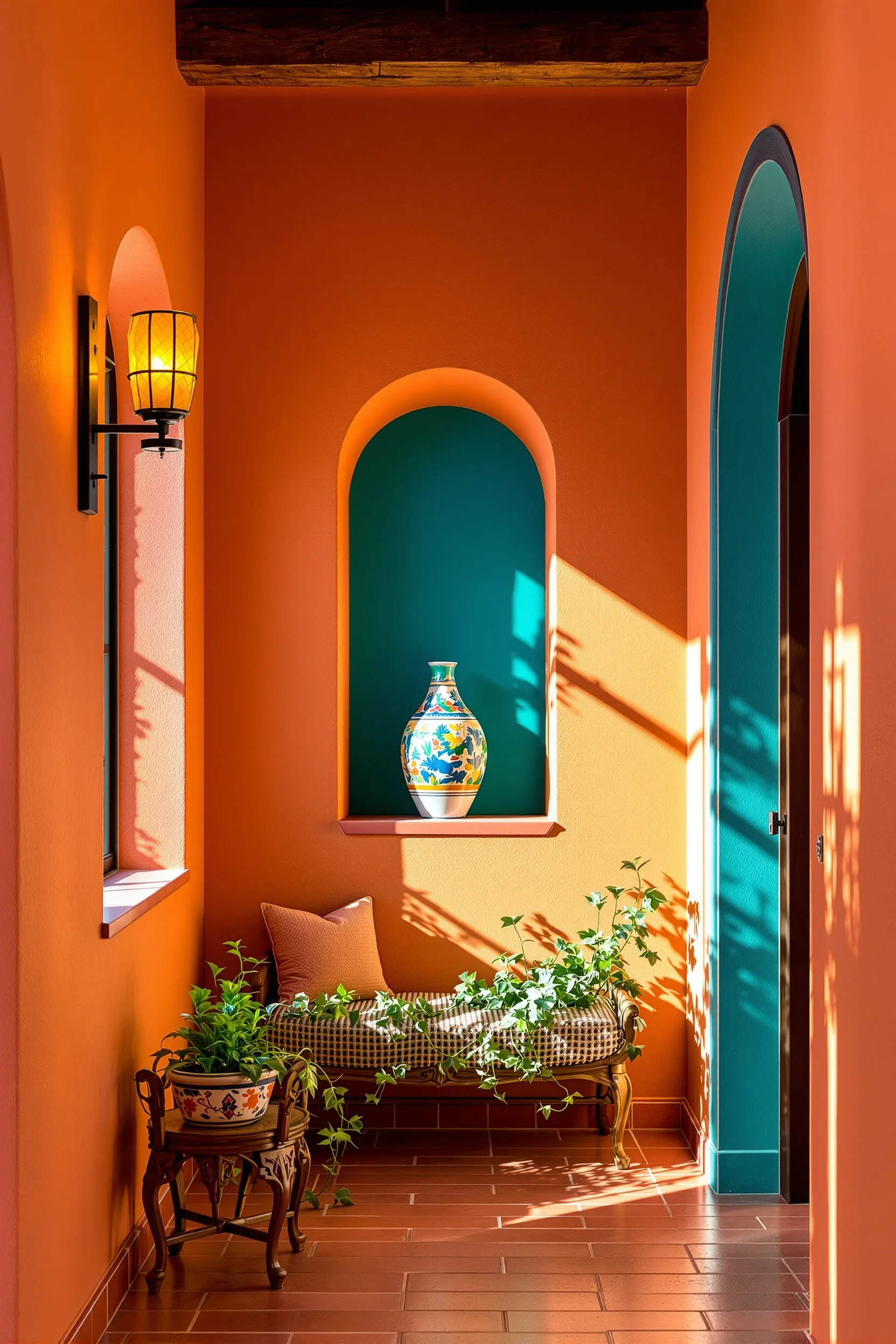 mexican decor aesthetics featuring exposed wooden beam ceiling amber wall sconce glow and textured warm hallway surfaces