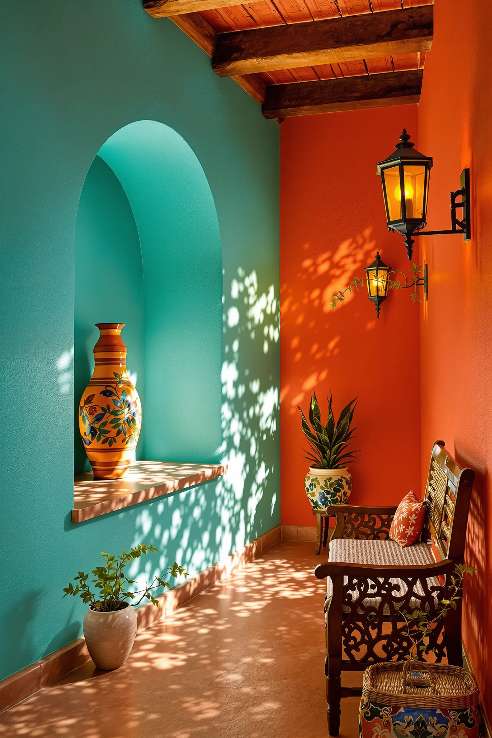 mexican decor inspiration displaying hand painted talavera pot with trailing succulent beside dramatic shadow patterns on tile floor