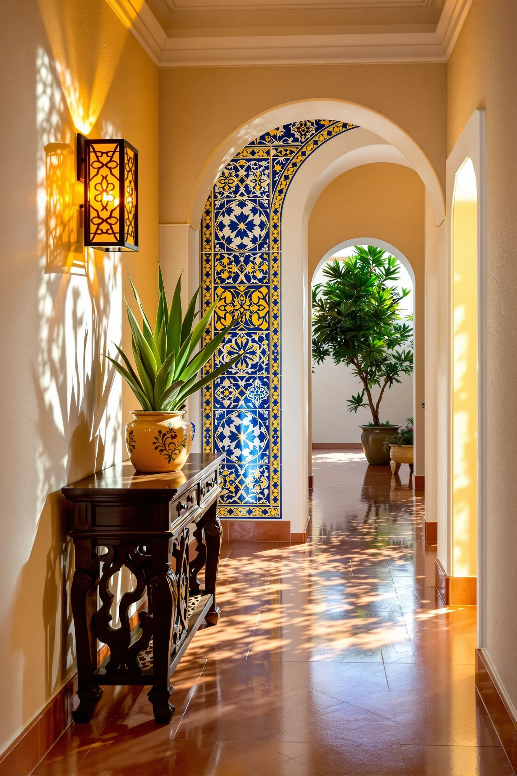 mexican hallway decor designs with hand painted ceramic tiles carved wooden console agave plant lime washed walls