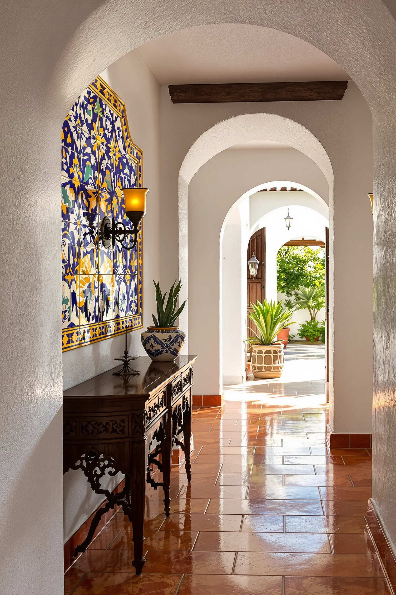 mexican hallway decor ideas featuring cobalt blue talavera tile wall terracotta floors white archway wrought iron sconce