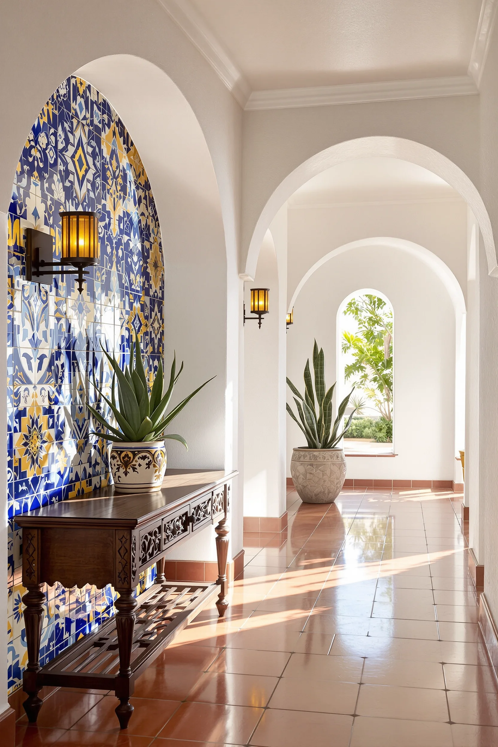 mexican hallway decor inspiration showcasing golden yellow talavera patterns polished terracotta flooring dramatic arched doorway shadows