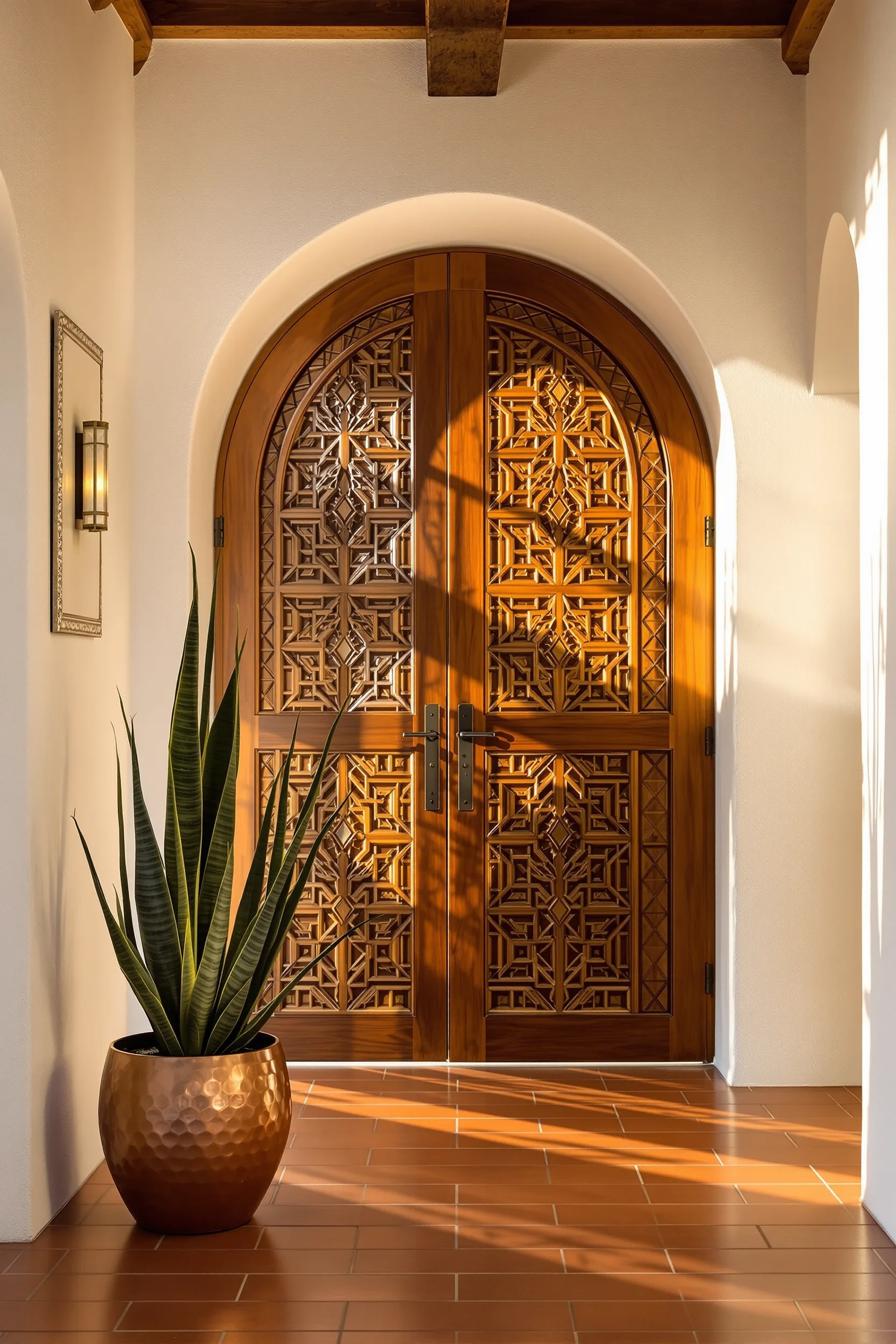 mexican home aesthetics with grand carved door focal point creating shadow patterns on terracotta tiles in hacienda hallway