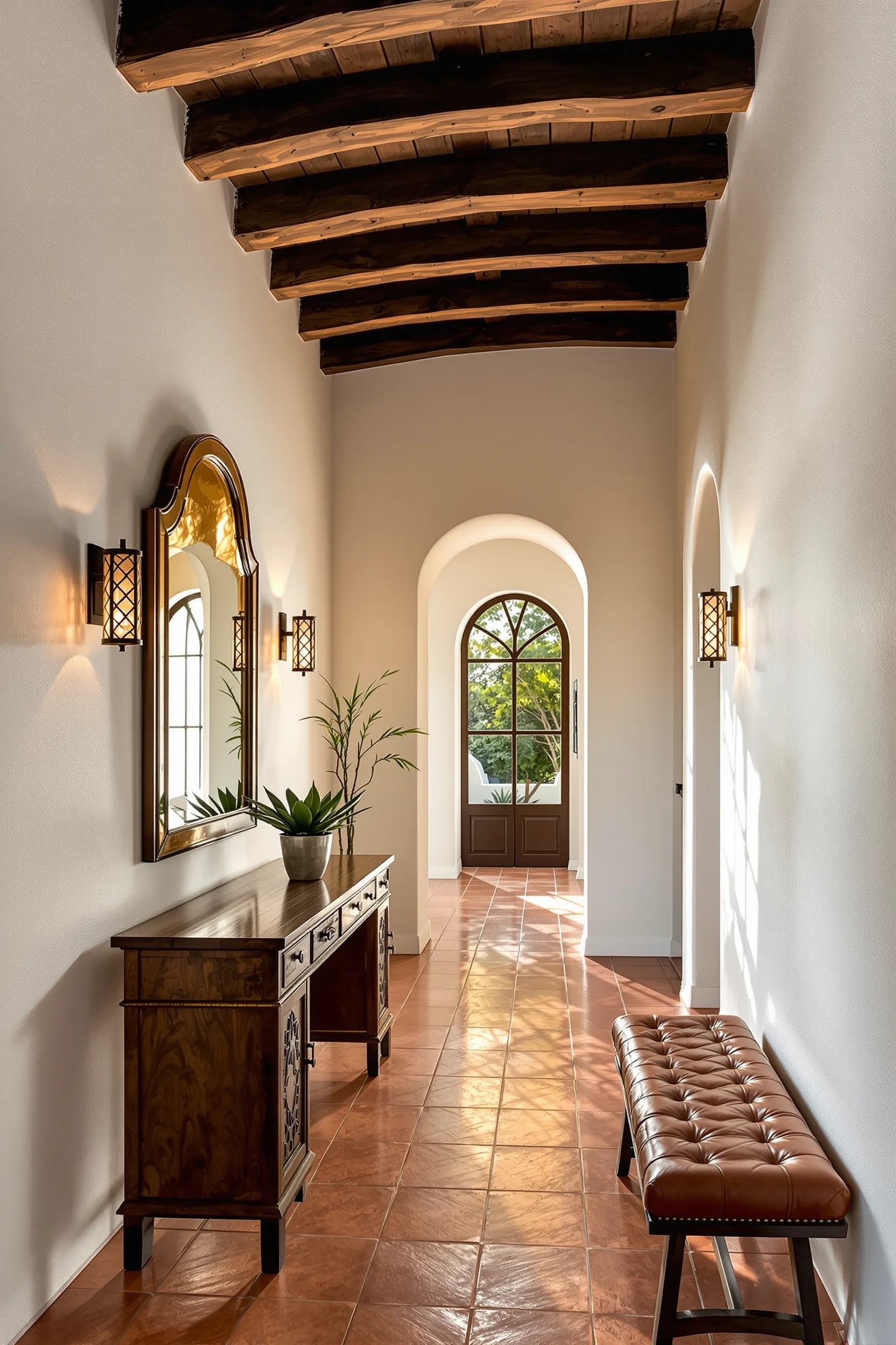 mexican home decor inspiration displaying wrought iron wall sconce agave plant and weathered leather bench in hacienda hallway