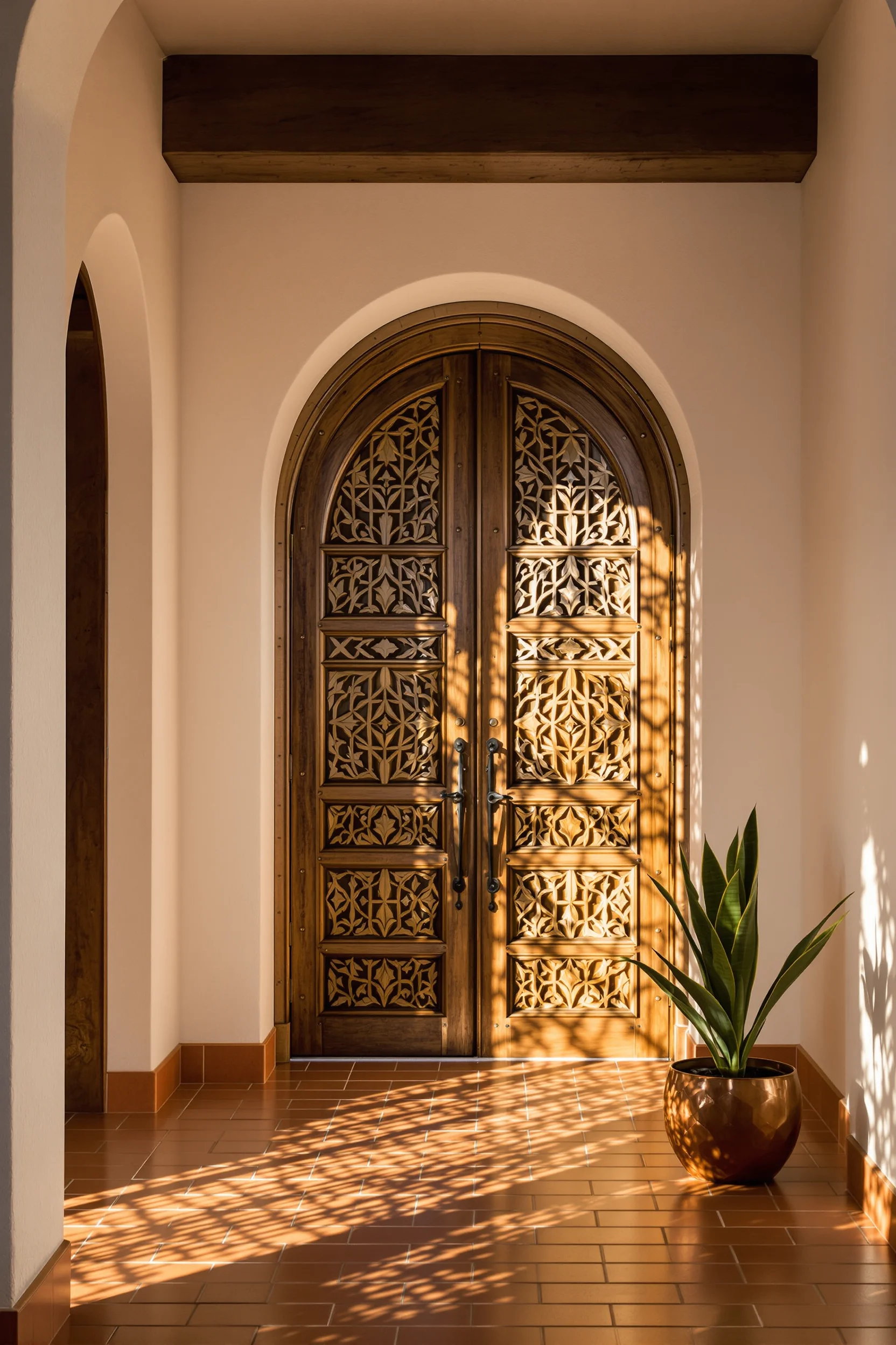 mexican home inspiration displaying intricate carved wooden entry door with copper planter and rustic beam architectural details