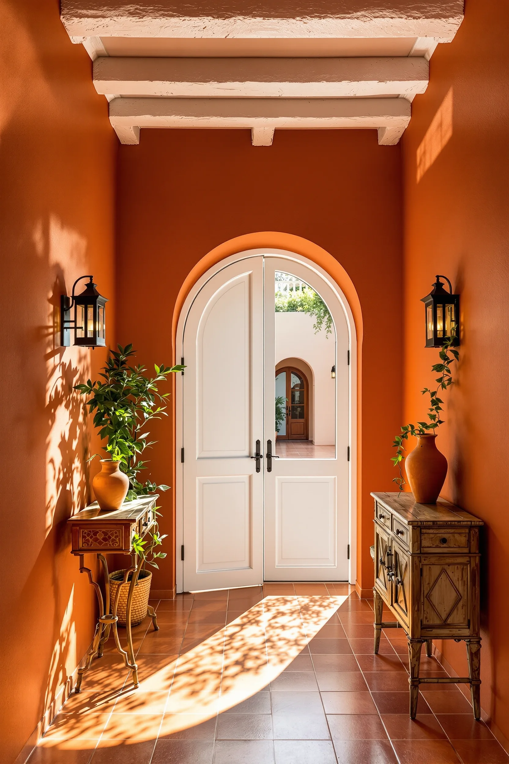 narrow hallway aesthetics displaying terracotta color palette whitewashed ceiling beams aged patina console courtyard glimpse beyond