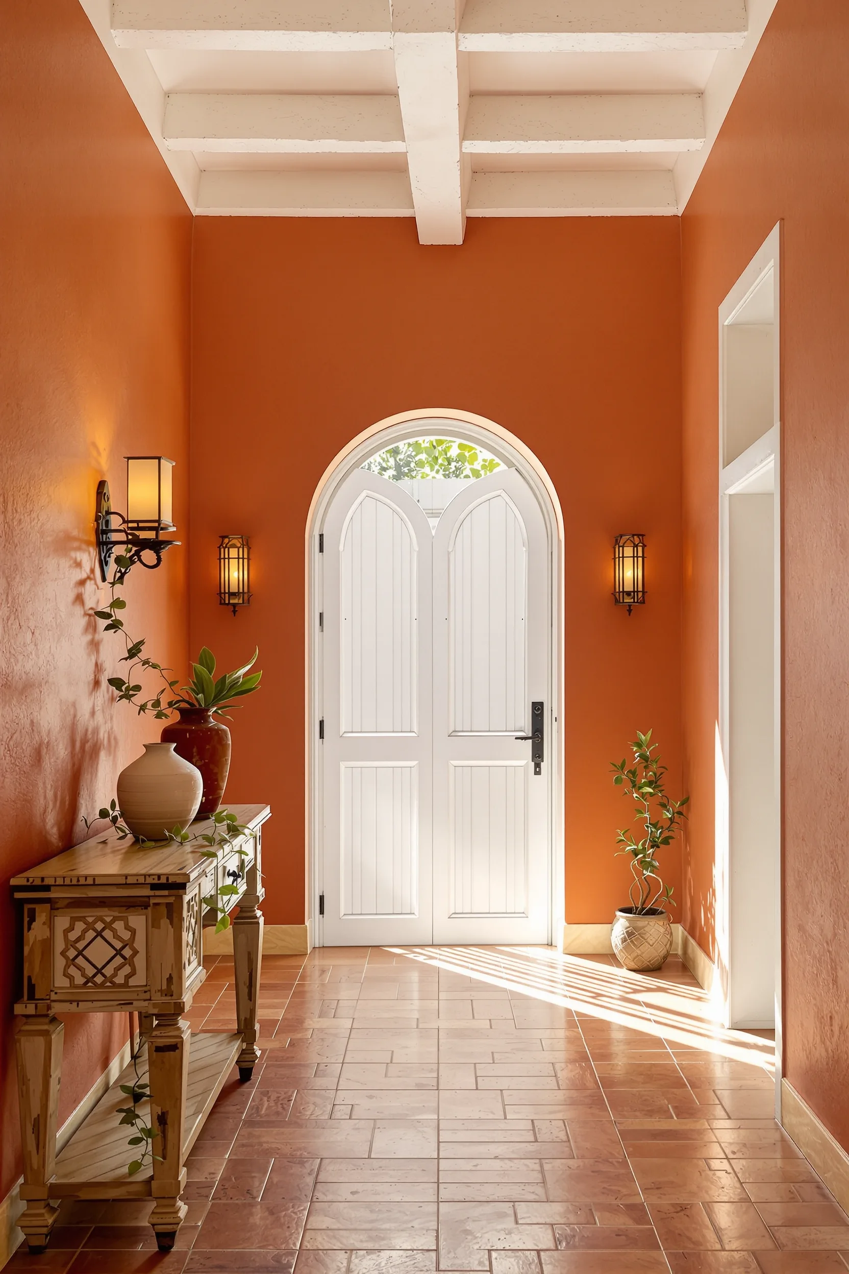 narrow hallway ideas featuring white arched doorway terracotta walls saltillo tile floor wooden console table with pottery