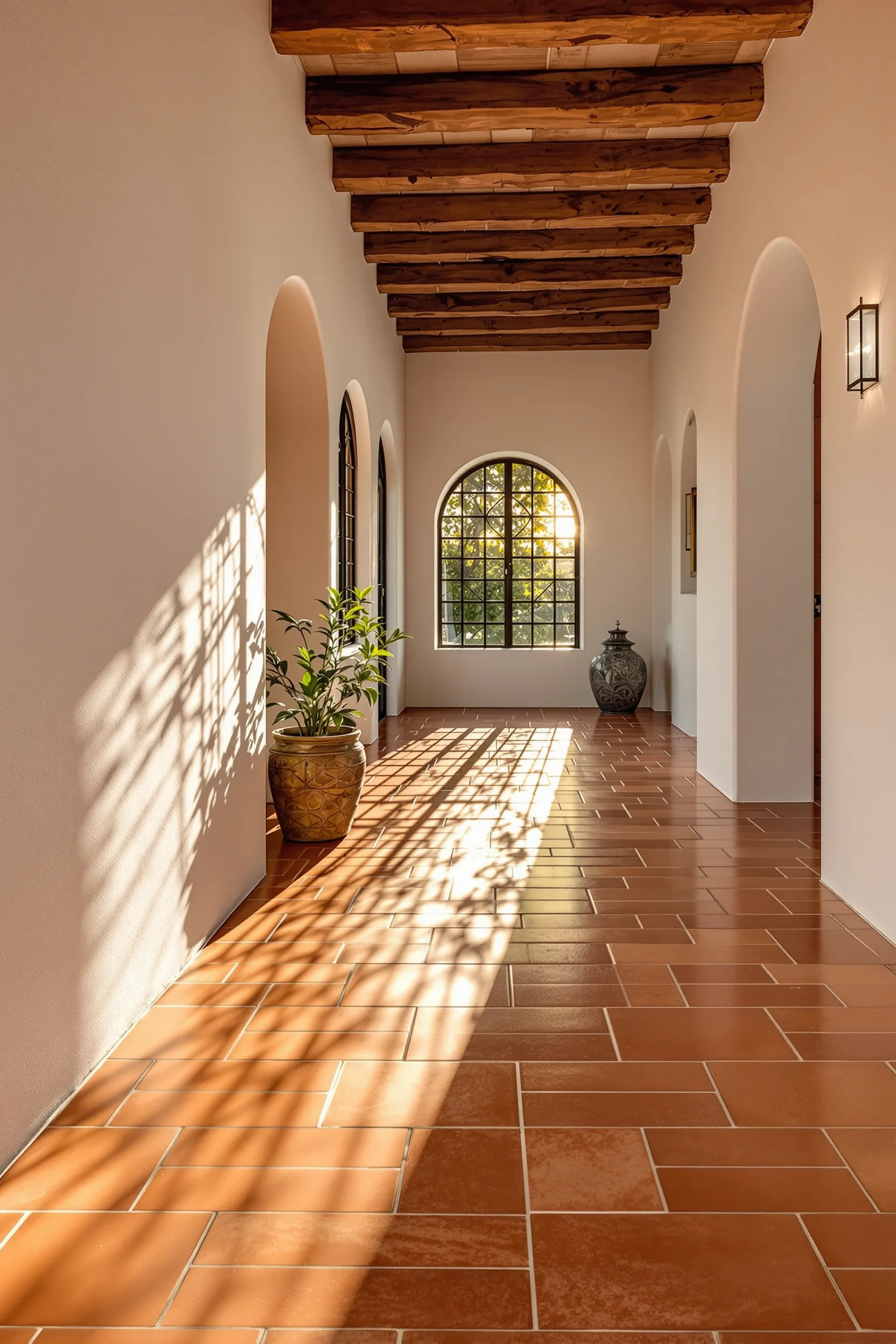 small hallway designs showing burnt orange terracotta tiles contrasting with whitewashed stucco walls in mexican hacienda style entrance