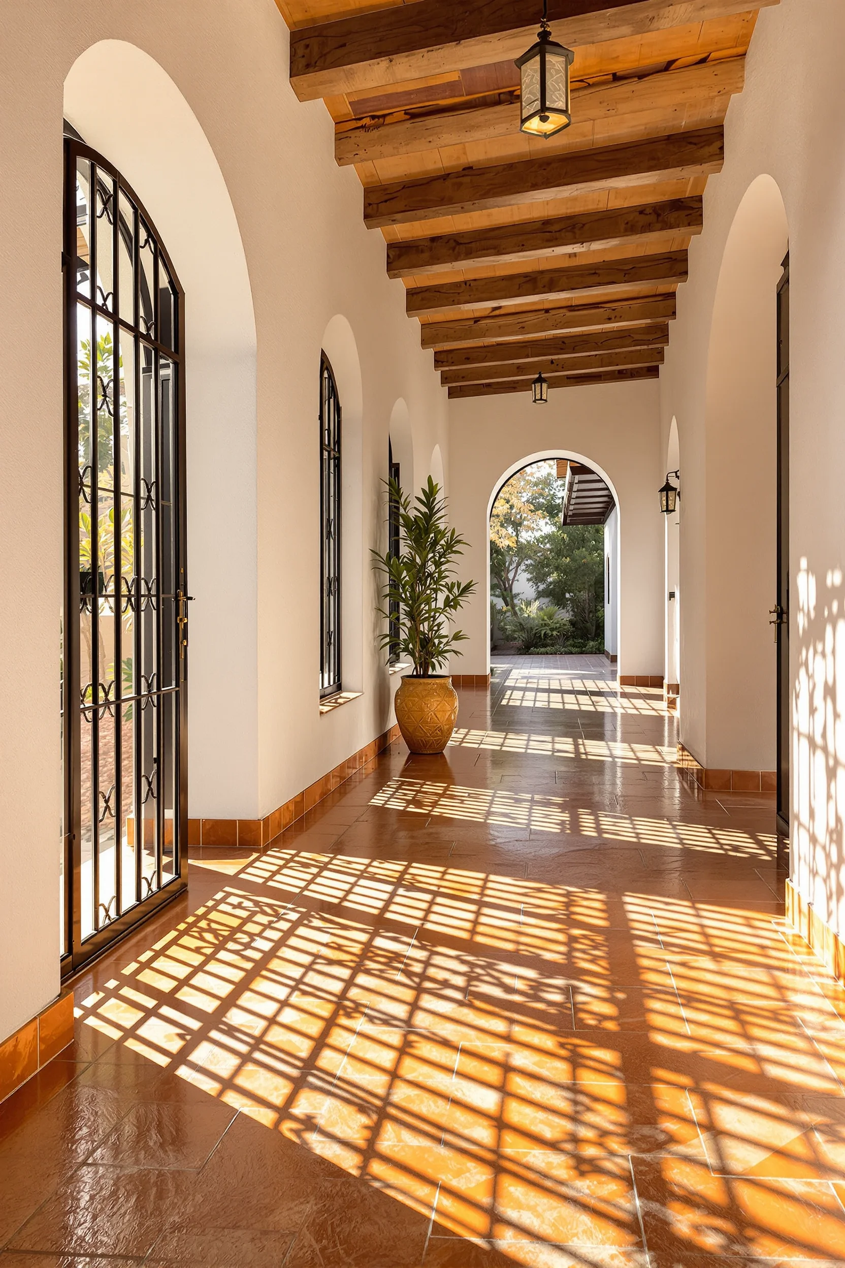 small hallway ideas featuring terracotta tile flooring with golden sunlight streaming through wrought iron window grille creating dramatic shadows