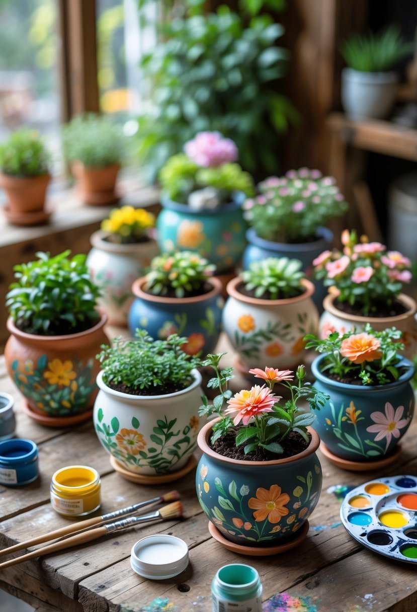 A collection of nineteen decorated plant pots with colorful floral patterns arranged on a wooden table with art supplies nearby.