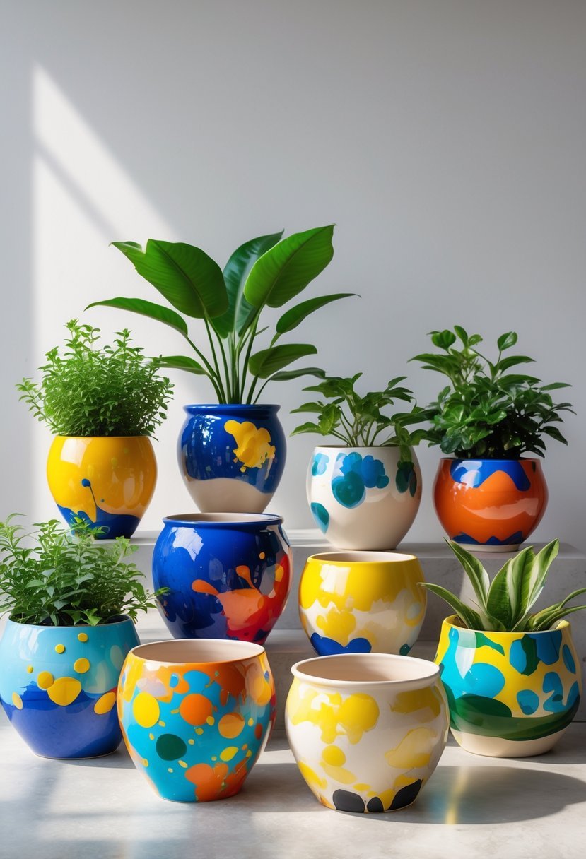 A collection of 19 colorful plant pots with various abstract paint patterns arranged on a plain background.