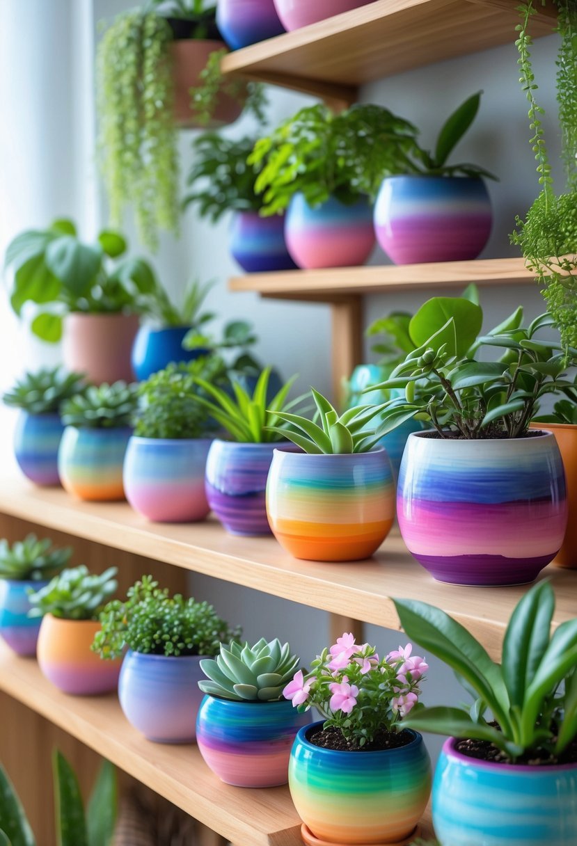A collection of 19 colorful plant pots with gradient ombre finishes holding various green indoor plants arranged on shelves and a table.