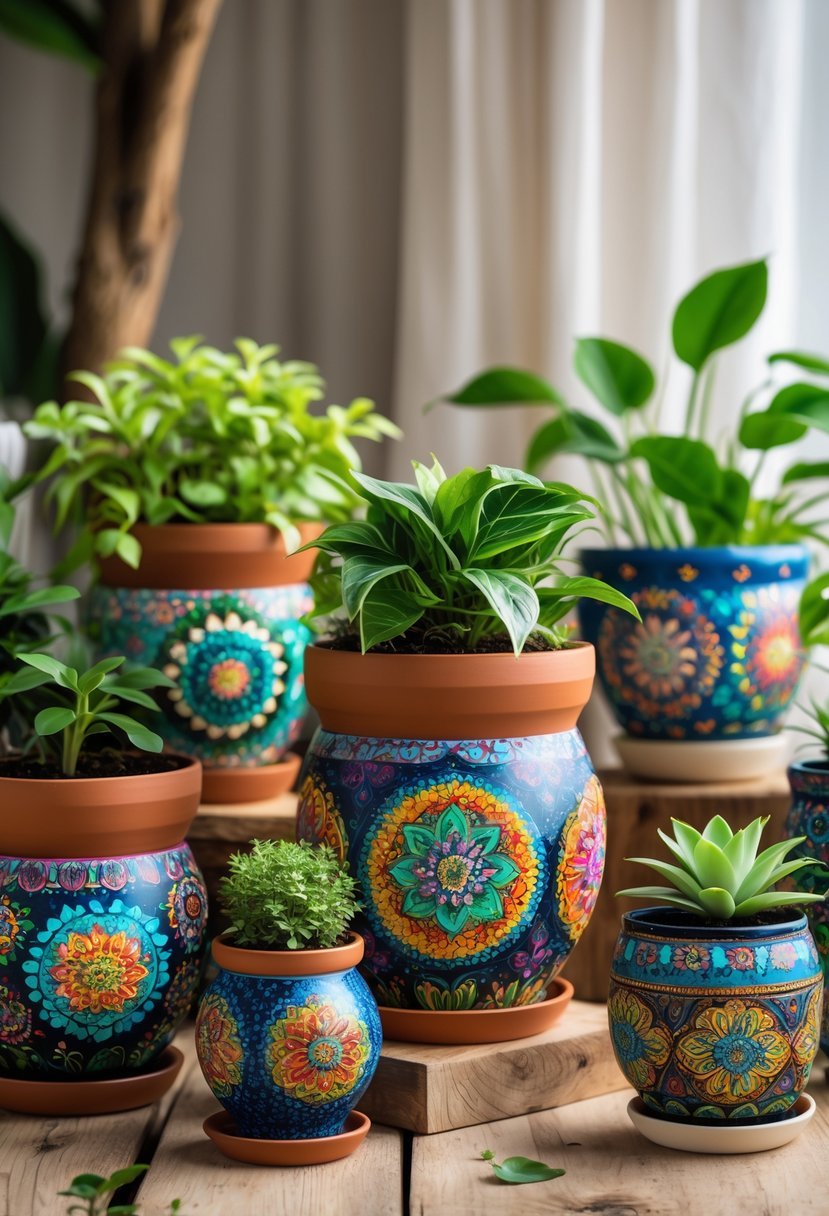 A group of 19 colorful plant pots with detailed painted designs, each holding green plants, arranged on a wooden surface.
