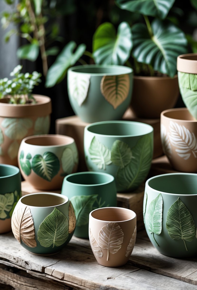 A collection of nineteen plant pots painted with various leaf imprints arranged on a wooden surface with soft natural lighting.