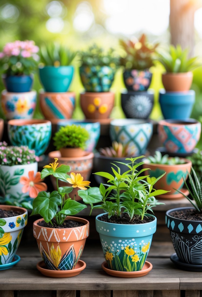 A collection of nineteen uniquely painted plant pots arranged on a wooden table, each featuring colorful and detailed designs.