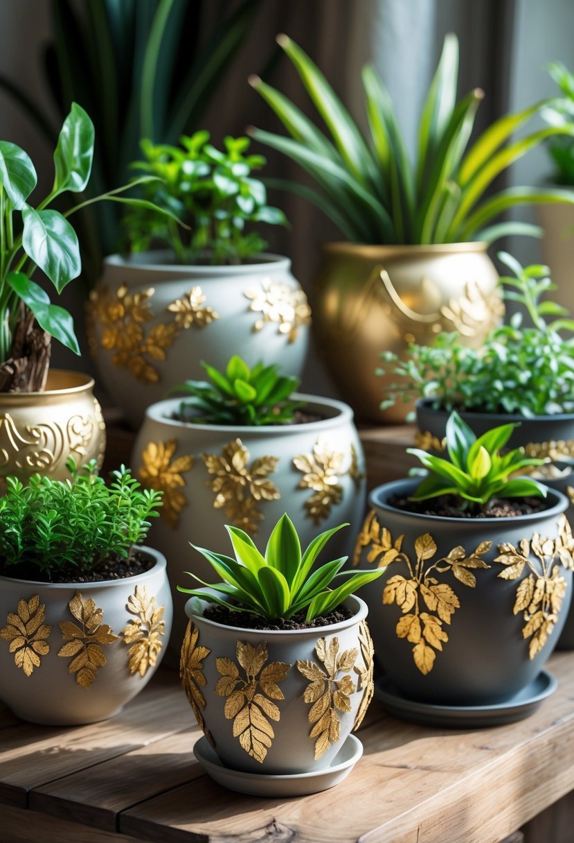 A collection of 19 plant pots decorated with gold leaf patterns, each holding green plants, arranged on a wooden surface.