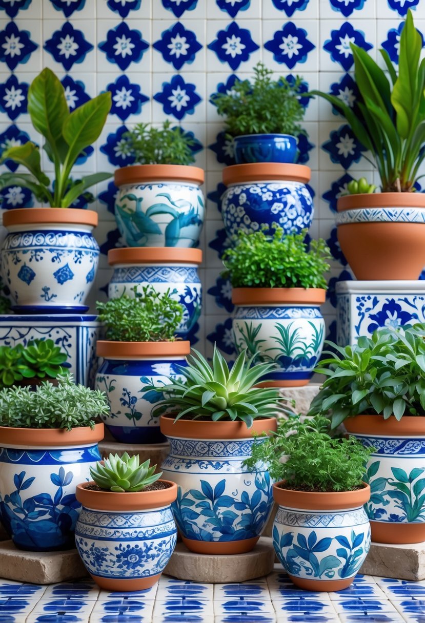 A collection of 19 painted plant pots with various plants arranged in front of blue and white Mediterranean tiles.