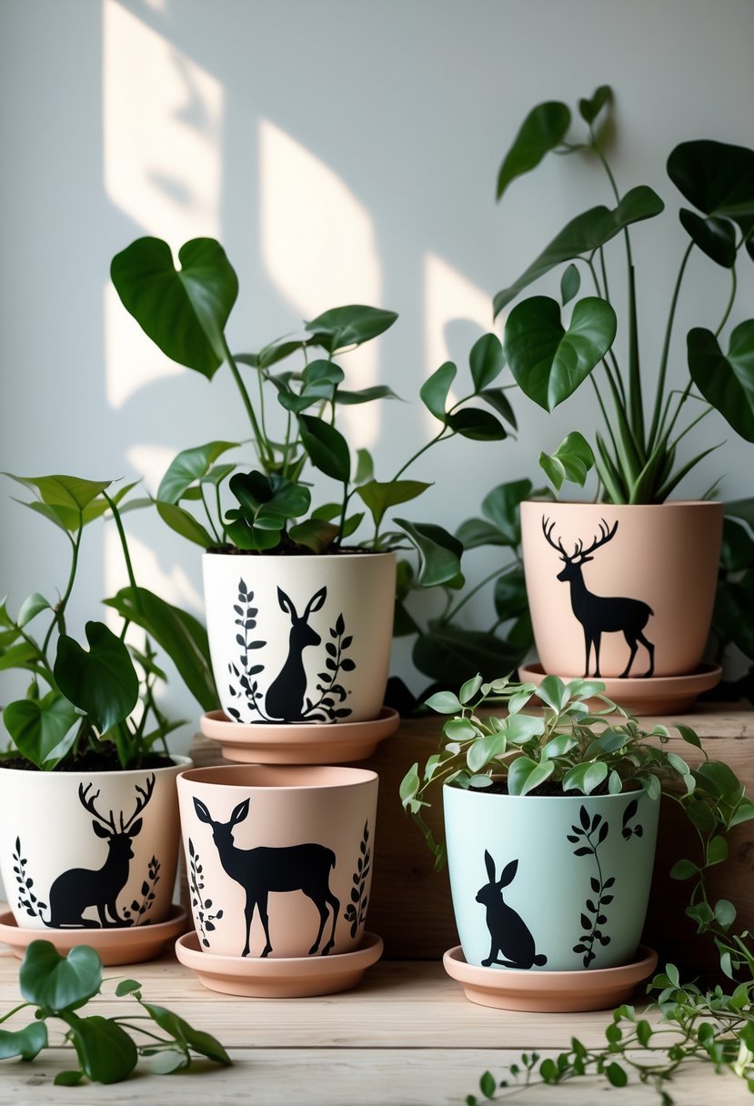 A collection of plant pots decorated with animal silhouette stencil paintings arranged on a wooden surface.