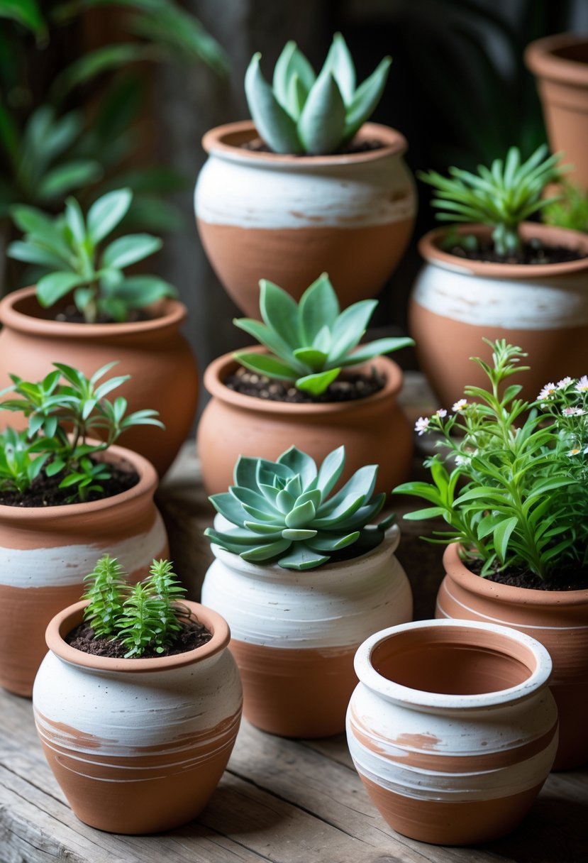A collection of 19 terra cotta plant pots with whitewashed paint, each holding different green plants, arranged on a wooden surface with soft natural lighting.