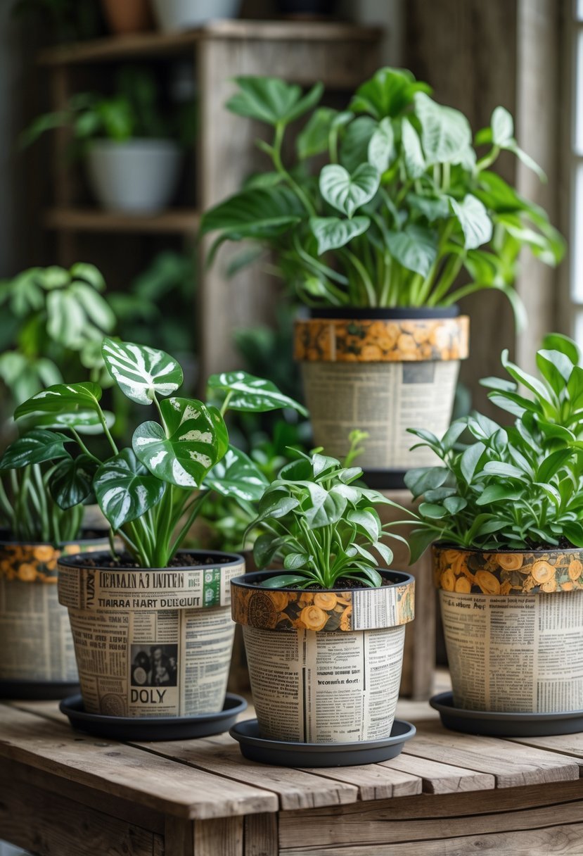 A collection of plant pots decorated with vintage newspaper designs, each holding different green plants, arranged on a wooden table.