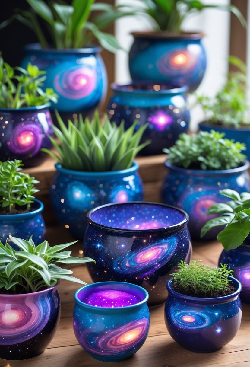 A collection of 19 plant pots painted with colorful galaxy and cosmic designs, each holding green plants, arranged on a wooden surface.