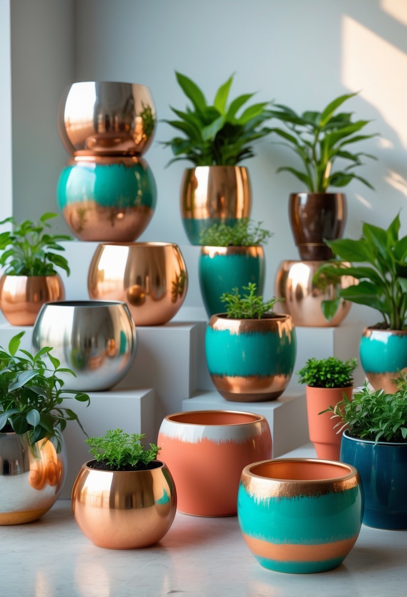 A collection of 19 plant pots with metallic dip-dye effects, each holding green plants, arranged on a clean surface with a neutral background.
