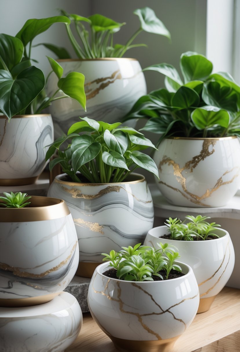 A collection of plant pots with green plants, each pot painted with a marble-like texture, arranged on a wooden surface.