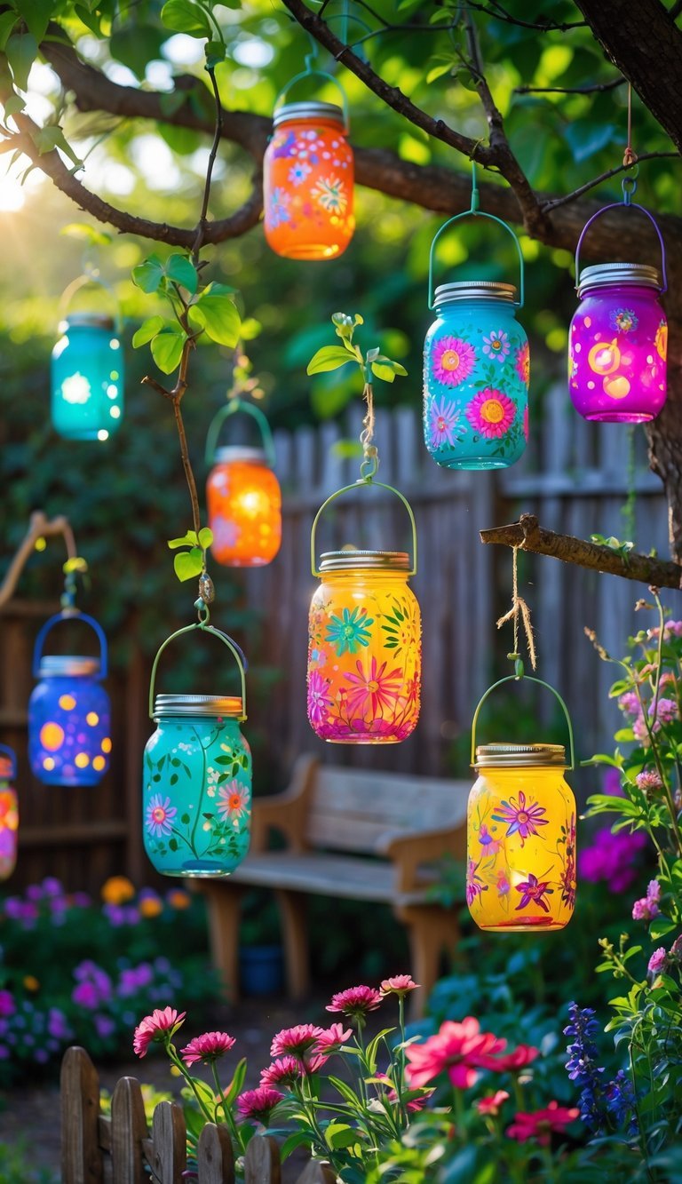 A garden with colorful mason jar lanterns hanging among trees and flowers, glowing warmly in a lush outdoor setting.