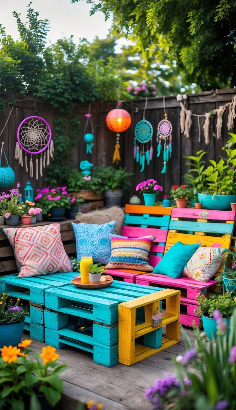 Colorful reclaimed wood pallet seating in a lush garden filled with flowers and decorative plants.