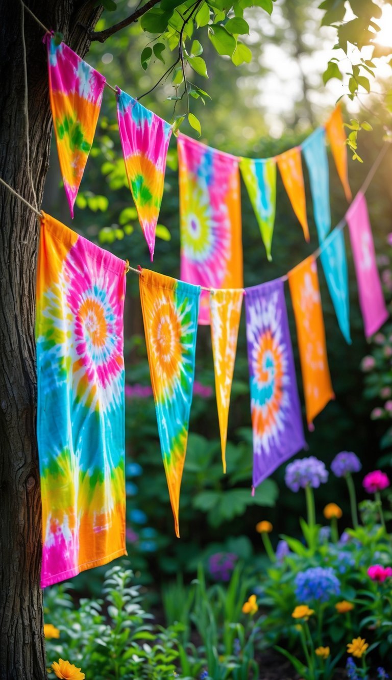 Colorful tie-dye fabric banners hanging in a garden among flowers and green plants.