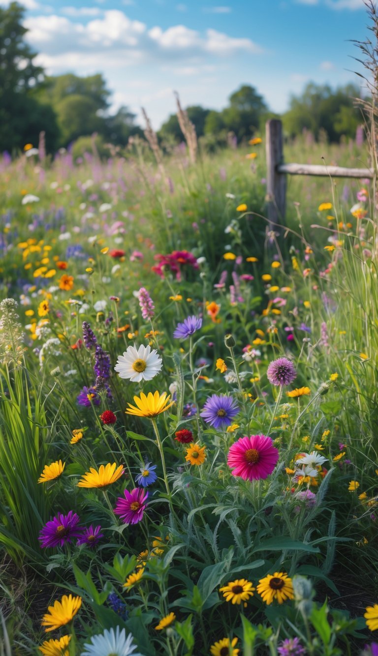 A colorful wildflower garden with various blooming flowers and green foliage under a clear sky.