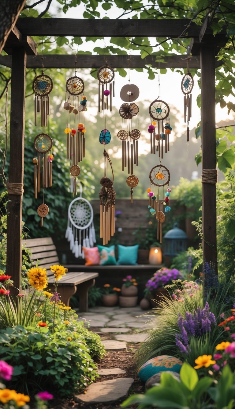 A colorful garden with 15 rustic wind chimes hanging among flowers and greenery under soft sunlight.