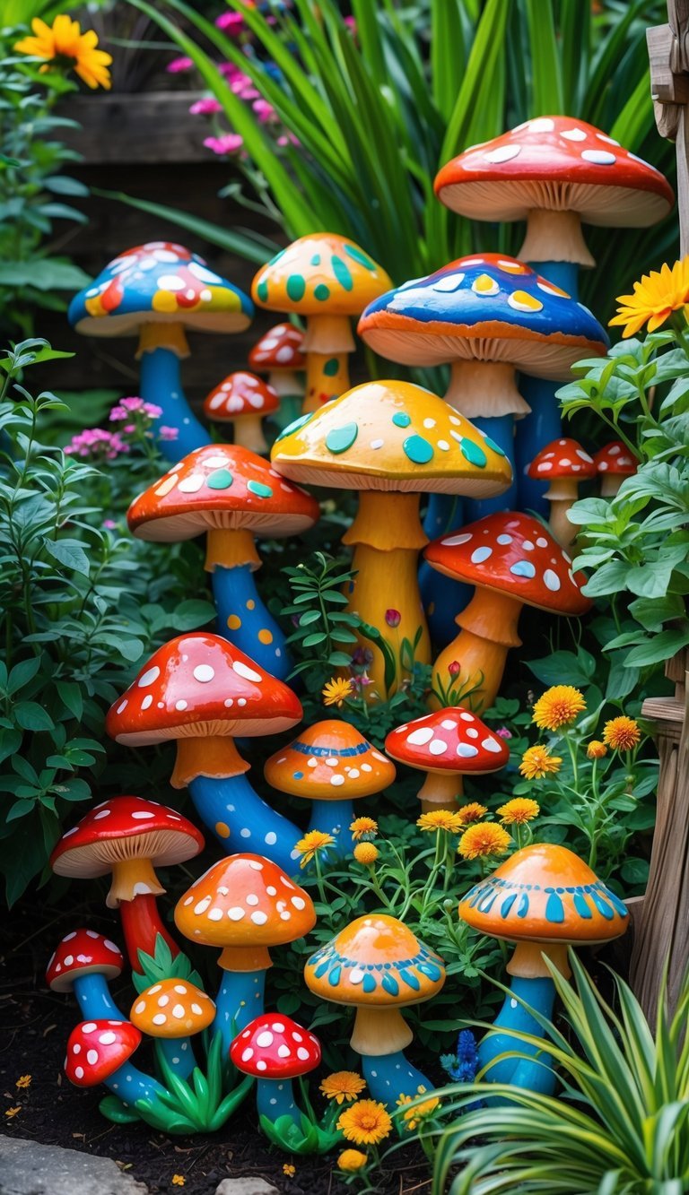 A colorful garden with hand-painted terra cotta mushrooms surrounded by green plants and flowers.