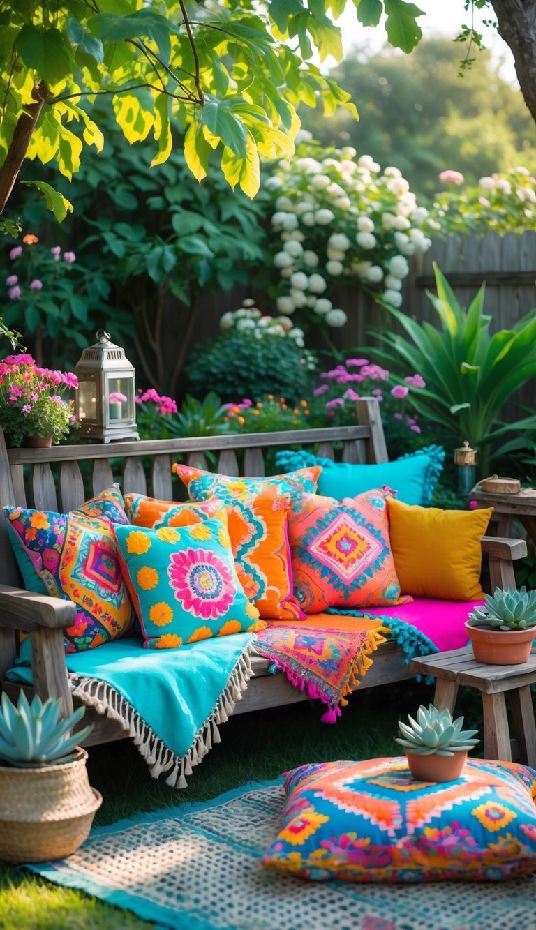 Outdoor seating area with colorful cushions on wooden benches surrounded by green plants and flowers.
