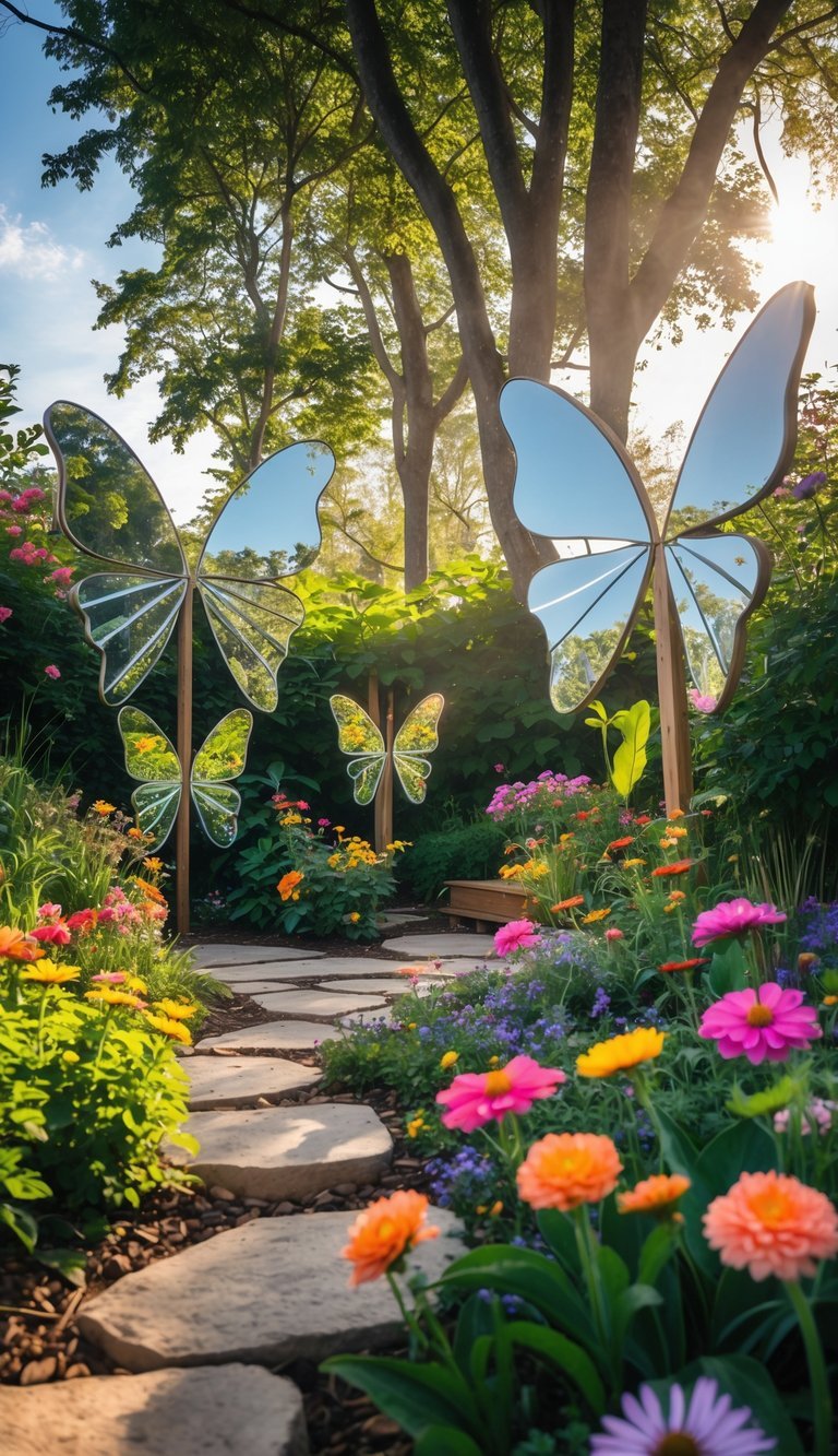 A colorful garden with butterfly-shaped mirrors surrounded by blooming flowers, greenery, and stone pathways under soft sunlight.