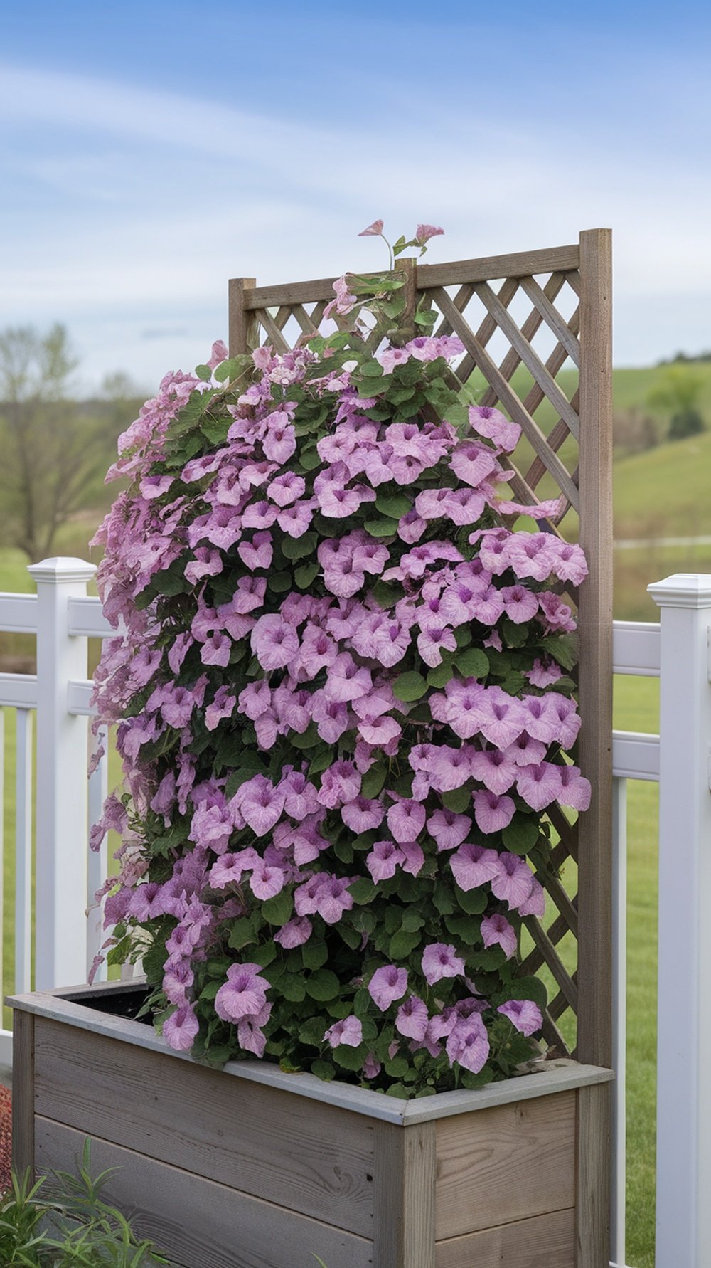 A wooden trellis covered in vibrant purple clematis flowers, creating a lush privacy wall.