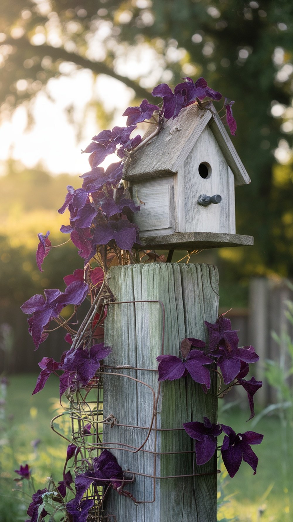 A rustic birdhouse on a wooden post, surrounded by purple clematis vines.