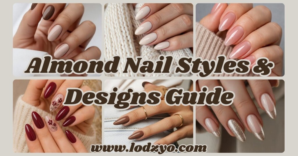 Collection of different types of almond nails showing short, medium, long, natural, and gel variations in neutral and nude colors